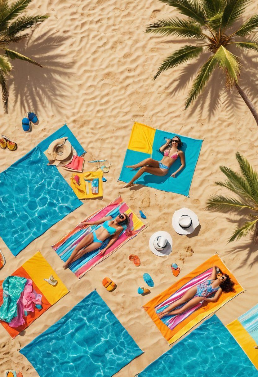 A vibrant beach scene featuring women and men confidently showcasing a variety of stylish swimwear and intimate wear as they enjoy sunbathing and playing beach volleyball. The backdrop includes soft golden sand, clear turquoise water, and palm trees swaying gently in the breeze. Bright sun and a feeling of joy encapsulate an adventurous spirit. Colorful beach towels and accessories create a playful atmosphere. super-realistic. vibrant colors. bright summer vibes.